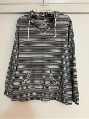 made for life Women’s Striped V‑Neck Hoodie in Gray and Black and White